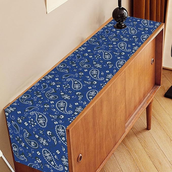Blue Paisley Table Runner, Vintage Damask Antique Floral Flower Boho Damask Swirled Rustic Coffee Table Center Decor for Family Kitchen and Living Room Outdoor Table Decorations, 13"x36"