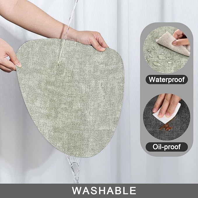 Placemats and Coasters, Washable Reversible Placemats Round Faux Leather Wipeable Place Mats Non Slip Heat Resistant Indoor Outdoor Table Mats (Set of 4, Gray Green)