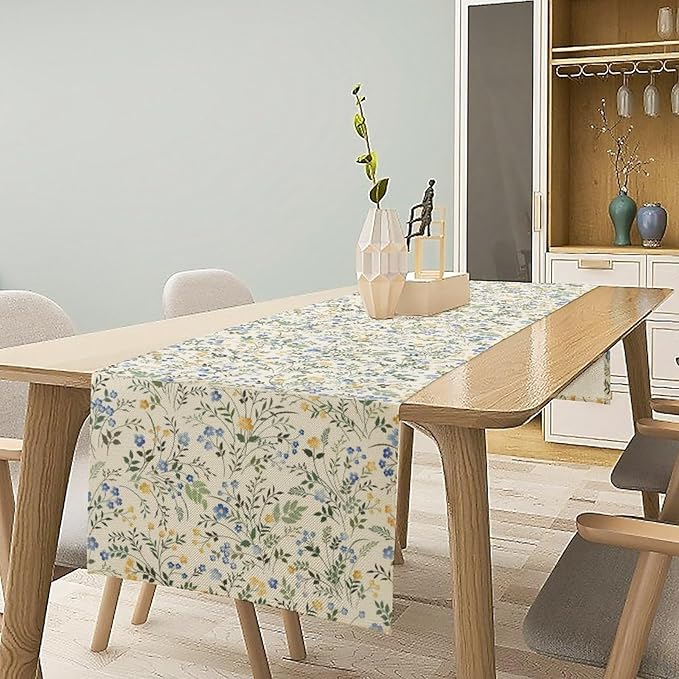 Rustic Flower Table Runner, Spring Sage Green Eucalyptus Leaves Watercolor Floral Flower Plant Leaves Print Table Cover for Dinning Holiday Home Picnic Party Decor, 13x108inch