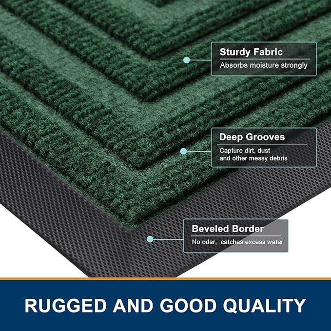 Buganda Front Door Mat Indoor Outdoor Entrance, Non-Slip Natural Rubber Doormats, Easy Clean, Low Profile, Dirt Trapper Entryway Floor Mats for Outside, Garages and Patios, 36x24, Green