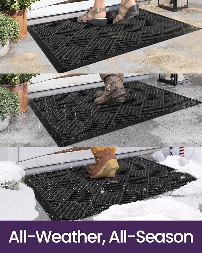 DEXI Front Door Mat Outside Entrance, 2x3 ft Rubber Entry Doormat Heavy Duty, Welcome Mats Non Slip for Inside House Floor Entryway Back Doors Exterior Patio, Diamond Black
