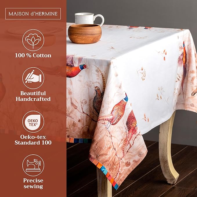 Maison d' Hermine Table Cloth Rectangle Table 100% Cotton 60 x 108 Inches Fall Tablecloth Reusable Everyday Use for Thanksgiving Christmas Decorations Dining Farmhouse Party (Faisan D'Automne)
