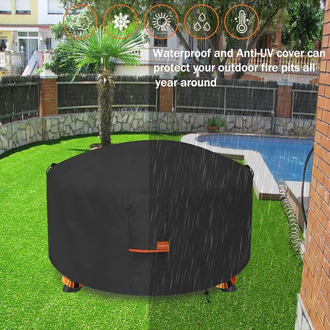 Fire Pit Cover,Outdoor Heavy Duty 600D 100% Waterproof Fire Pit Cover Round,Weatherproof Firepit Covers Round 34" Dia x 15" H,Black