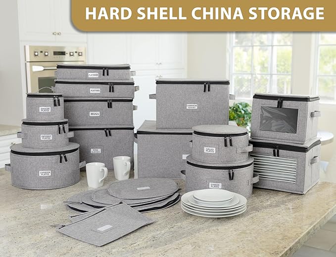 Set of 4 China Storage Cases for Dinnerware - Hard Shell and Stackable - Sizes: 12" - 10" - 8.5" and 7" W - 48 Plate Separators Included