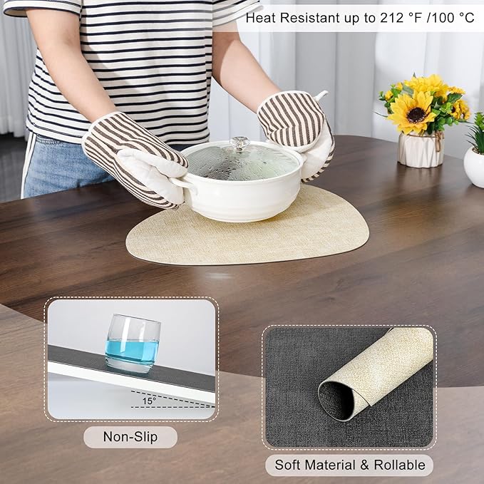 Placemats and Coasters, Washable Reversible Placemats Round Faux Leather Wipeable Place Mats Non Slip Heat Resistant Indoor Outdoor Table Mats (Set of 6, Gray Cream)