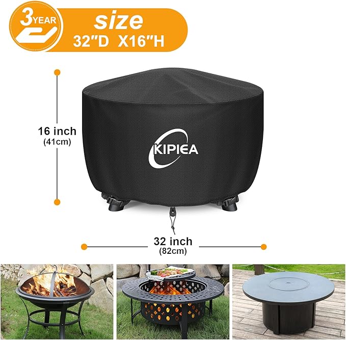 Kipiea Round Fire Pit Cover - 100% Waterproof Outdoor Firepit Cover, Upgraded 600D Strong Tear and UV Resistant, 32" Dia X 16" H