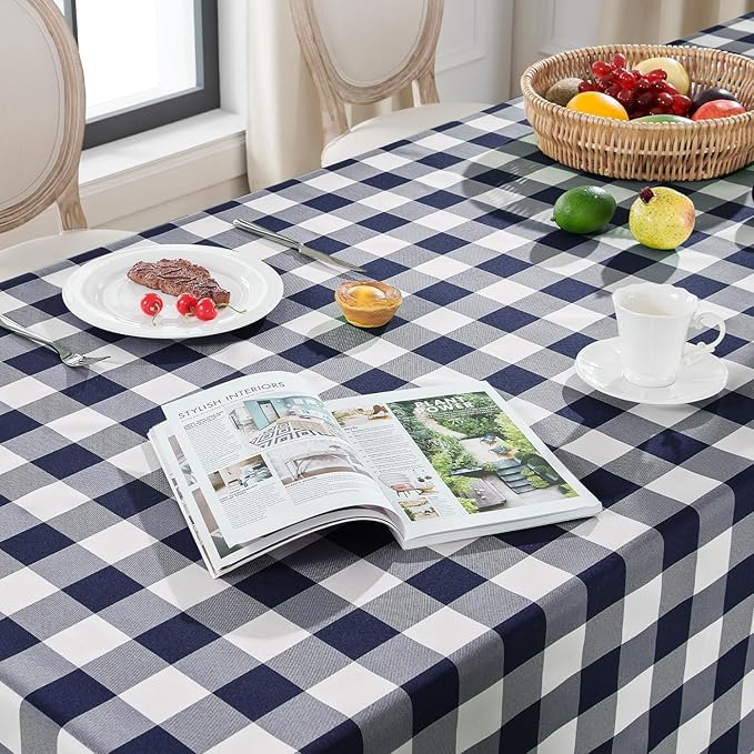 Softalker Gingham Checkered Tablecloth Rectangle - Outdoor Waterproof Buffalo Plaid Table Cloth, Stain Resistant Washable Table Cover for Picnic, Camping, Dining - Navy Blue and White, 60 x 120 Inch