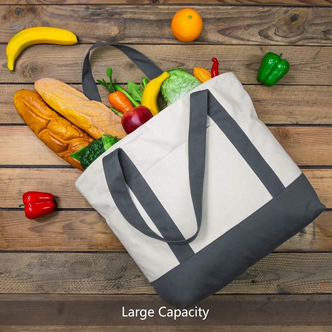 TOPDesign 3-Pack Canvas Tote Bags with an External Pocket, Reusable Grocery Shopping Bags, Top Zipper Closure, Daily Essentials (Grey/Natural)