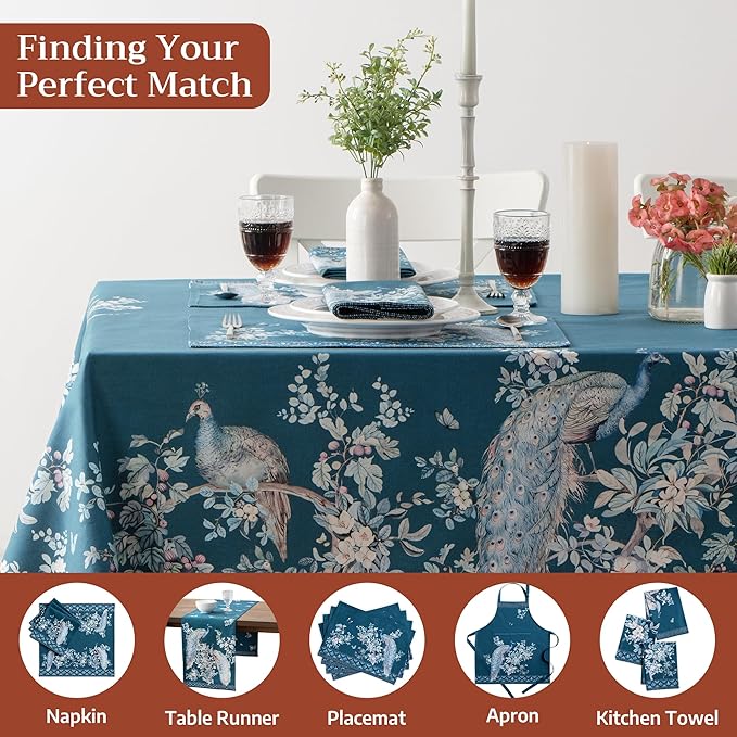 Maison d' Hermine Premium Table Cloth Square Table 100% Combed Cotton 70 x 70 Inches Tablecloth Reusable Decorative for Dining Room, Farmhouse, Party, Festive & Wedding - Peacock Utopia - Deep Sea