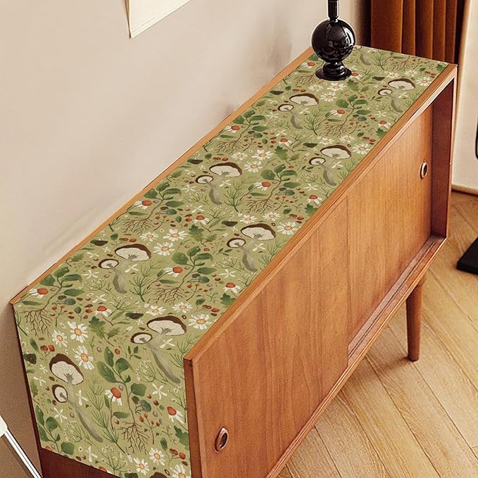 Mushroom Table Runner, Rustic Farmhouse Forest Plants Botanical Country Green Coffee Table Center Decor for Home Kitchen Dining Patio Holiday Party Indoor Table Decorations, 13"x90" Inch