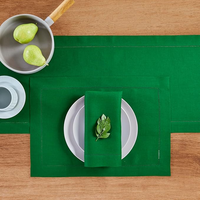 Solino Home Linen Table Runner 60 Inches - 100% Pure Linen Garden Green Hemstitch Table Runner 14 x 60 Inch Ideal for Dresser and Coffee Tables - Classic Hemstitch - Winter, St Patricks Day, Easter