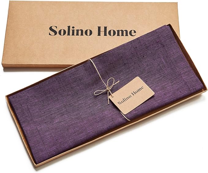 Solino Home Linen Table Runner 120 Inches Long - Athena, 100% Pure Linen Grape 14 x 120 Inch Table Runner for Dining, Winter, Valentines, Spring, Easter