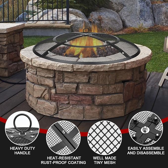 Fire Pit Spark Screen,36 Inch Fire Pit Screen Cover Outdoor with Handle&Poker,Heavy-Duty Steel Firepit Screens Cover Round Mesh Replacement for Backyard/Beach/RV Camping