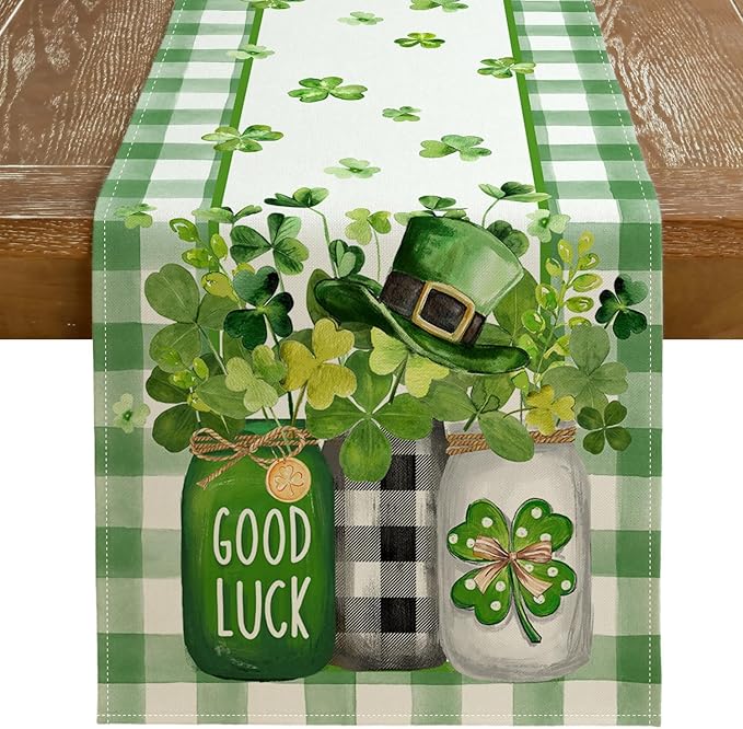 GEEORY St. Patrick's Day Table Runner 13 x 72 Inch, Shamrocks Plaid Mason Jar Decorative Holiday Table Decoration for Kitchen Dinning, Indoor Outdoor Dinner Party Décor GT142-72