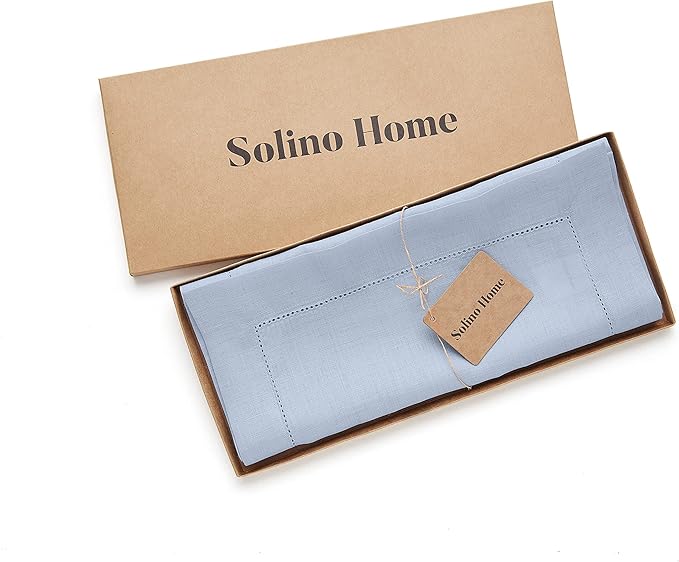 Solino Home Linen Sky Blue Table Runner 144 Inches Long - 100% Pure Linen Extra Long Table Runner 14 x 144 Inch for Spring, Easter - Classic Hemstitch