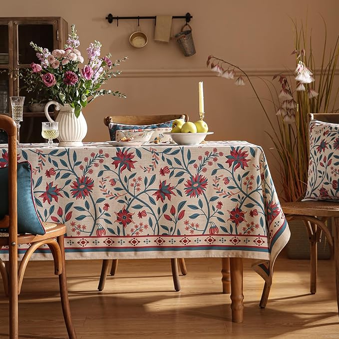 Designer Linen Long Rectangle Tablecloth,Vintage William Morris Wrinkle Resistant Floral Table Cloth,Decor Table Cover for Kitchen,Dining,Thanksgiving,Christmas,63"*94"-Dorodango B
