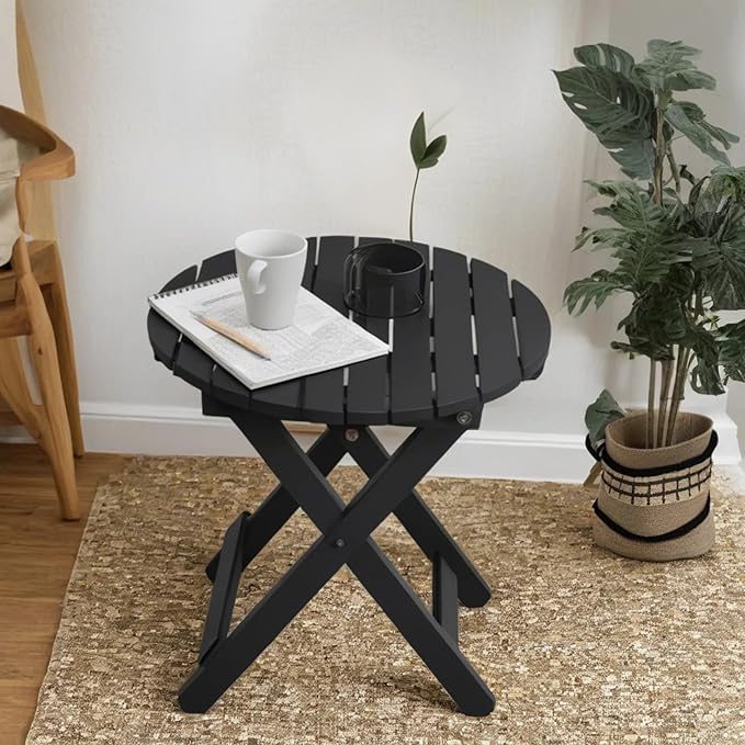 Outdoor Small Round Folding Side Tables, Foldable Wooden End Table for Indoor, Porch, Patio, Camping as Coffee Table or Plant Stand, Black ﻿