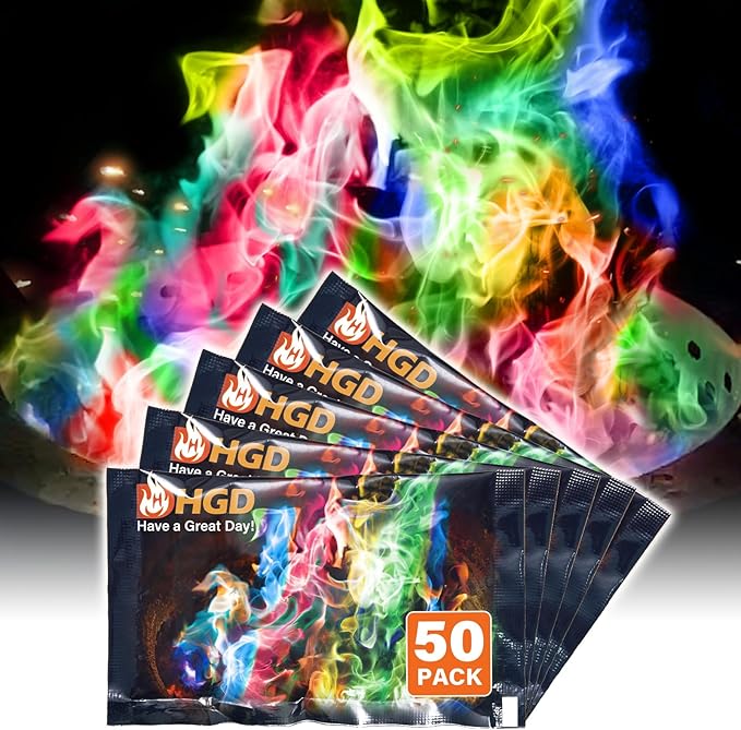 HGD (50 Pack) Fire Color Changing Packets for Fire Pit, Indoor/Outdoor Fireplace, Campfires, Bonfires - Mystical Rainbow Magic Flames, Camping Accessories for Family Entertainment