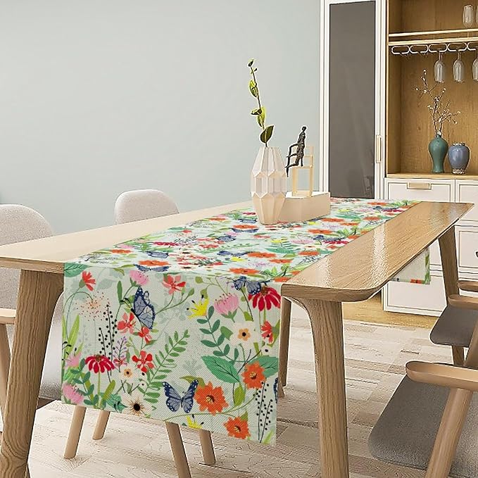 Butterfly Table Runner, Colorful Wildflower Butterfly Spring Table Runner for Holiday Kitchen Dining Home Party Outdoor 13x108in
