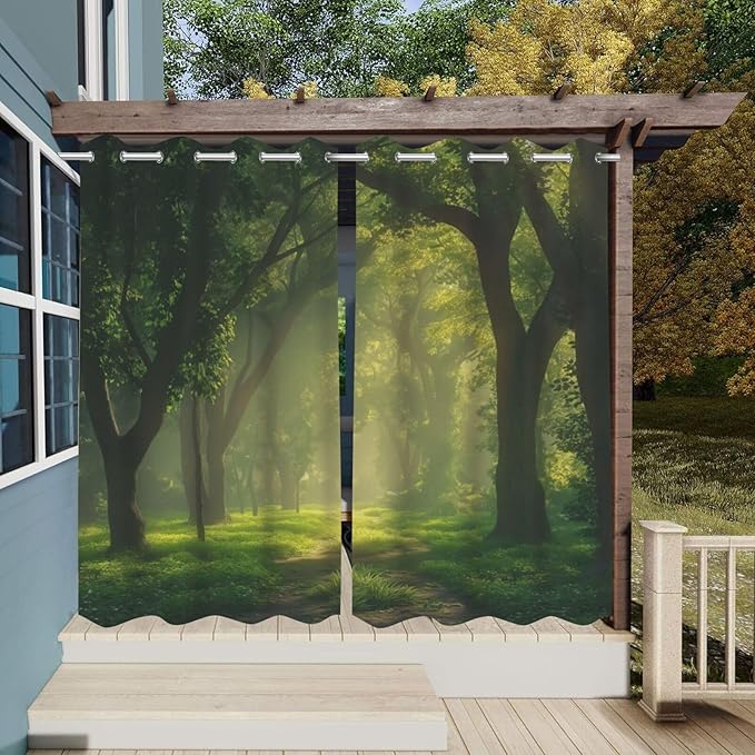 Forest Theme Waterproof Outdoor Curtains for Patio,Dawn Trees Jungle Pattern,Privacy, Grommet Curtains for Patio, Pergola, Porch, Deck, Lanai, and Cabana,2 Panels,W36 x L84,Green