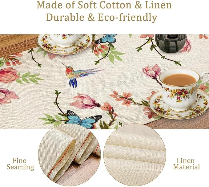 Spring Flower Table Runner, Seasonal Rustic Garden Flowers Bird Butterfly Print Table Runner for Home Kitchen Table Decor, 13x70inch