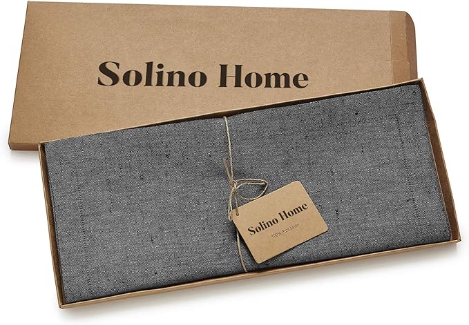 Solino Home Linen Small Table Runner 60 Inches - Athena, 100% Pure Linen Charcoal Grey Table Runner 14 x 60 Inch Ideal for Dresser and Coffee Tables - Winter