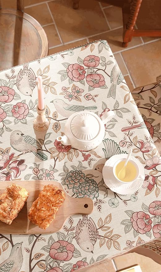 patdrea Designer Pink Linen Table Cloth for Rectangle Table,Vintage Floral with Birds Pattern Decorative Tablcloth,French Table Cover for Kitchen Dining,Thanksgiving,Christmas,63"x87"-Kulom a