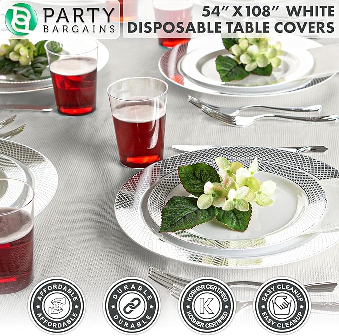 PARTY BARGAINS 40 Disposable Table Covers - 54" X 108", 3 Ply Paper & Plastic White Table Cover