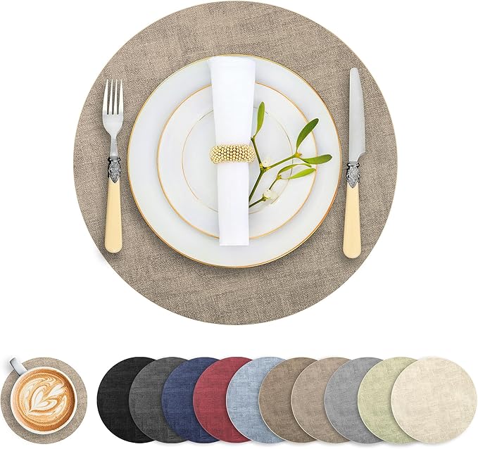 Round Faux Leather Placemats and Coasters, Set of 6, Reversible Heat Resistant Non-Slip Table Mats, Waterproof Wipeable Place Mats for Dining Table, Washable for Indoor & Outdoor (6, Light Brown)