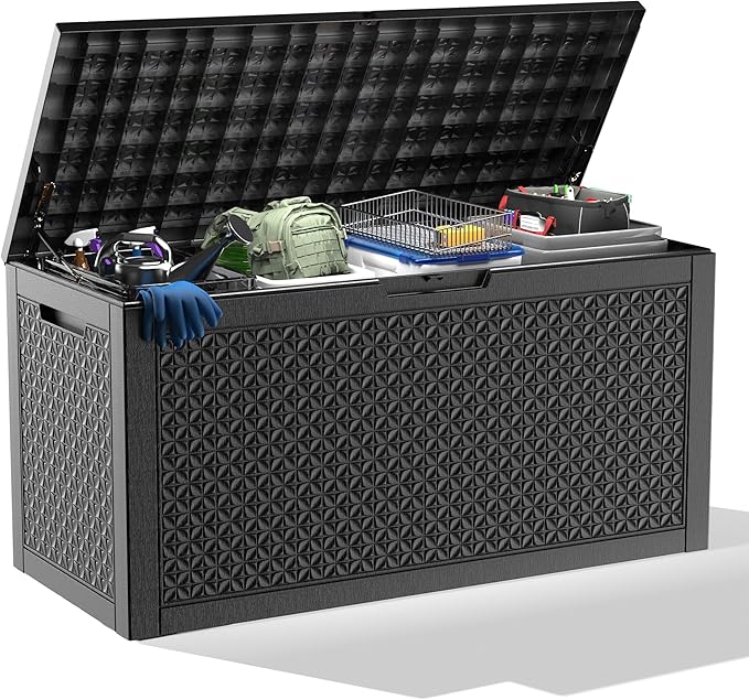 New 100 Gallon Outdoor Storage Box – Resin Deck Box with Lockable Lid, Waterproof Patio Furniture Storage for Tools, Garden & Yard Organization (Black)
