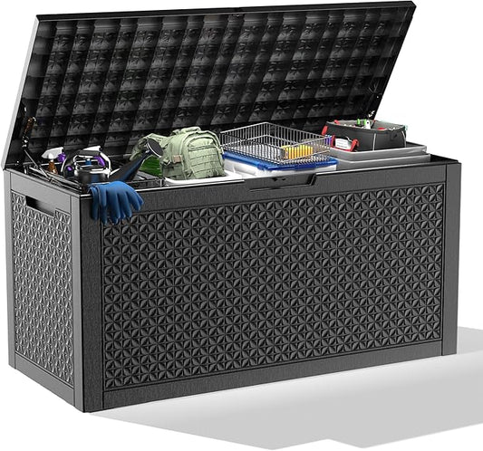 New 100 Gallon Outdoor Storage Box – Resin Deck Box with Lockable Lid, Waterproof Patio Furniture Storage for Tools, Garden & Yard Organization (Black)