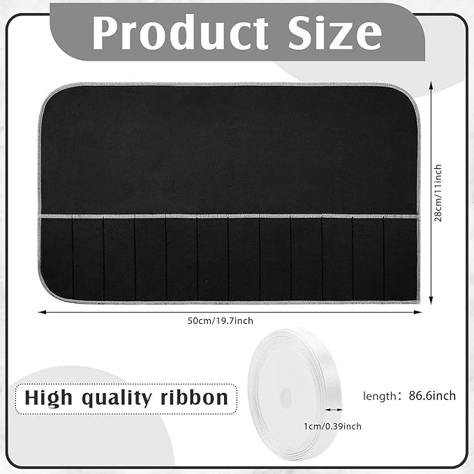 Hillban 6 Pcs Anti Tarnish Silver Storage Bags Silver Storage Cloth Felt Flatware Organizer Anti Tarnish Protector Bags Place Setting Roll with White Ribbon for Kitchen Cutlery (12 Slots,Black)