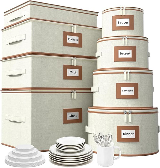 Aokeyee China Storage Containers Hard Shell 8 Piece, Mug, Wine Glass, Utensils, Plate Storage Containers w/Lid, Soft Dividers Felt Pads, Handles, Stackable Storage Organizer for Moving, Party, Ivory