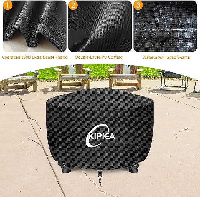 Kipiea Round Fire Pit Cover - 100% Waterproof Upgraded 600D Strong Tear Resistant Firepit Cover, UPF 50+ Outdoor Fire Pit Cover Fading Resistant, 50" Dia X 24" H