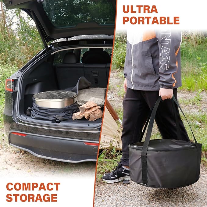 HGD 20 Inch Smokeless Firepit with Grill, Portable Wood Burning Fire Pit for Camping & Backyard, Stainless Steel Outdoor Fireplace with Travel Bag, Easy Setup & Compact Storage - Foldable Design