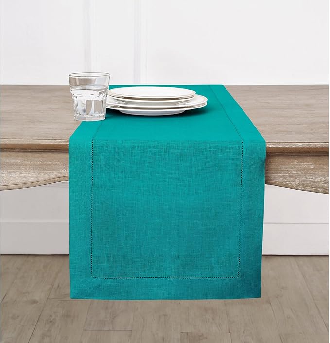 Solino Home Linen Hemstitch Table Runner 36 Inches - 100% Pure Linen Teal Table Runner 14 x 36 Inch Ideal for Dresser and Coffee Tables - Classic Hemstitch