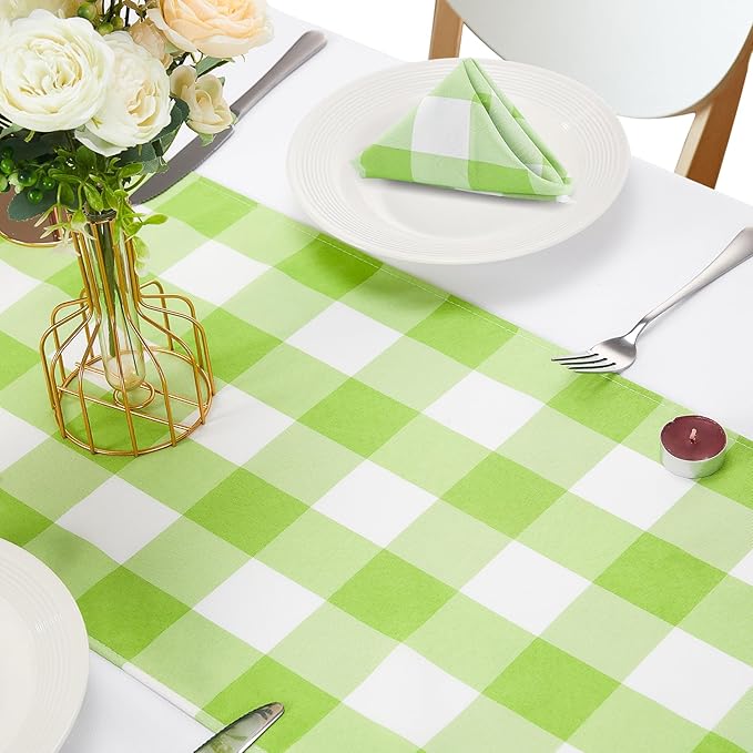 Fabric Checkered Table Runner 1 Pack Waterproof Gingham Table Runner 14W x 108L Buffalo Check Table Runners for Parties Kitchen Dining Wedding Banquet (Emerald and White)