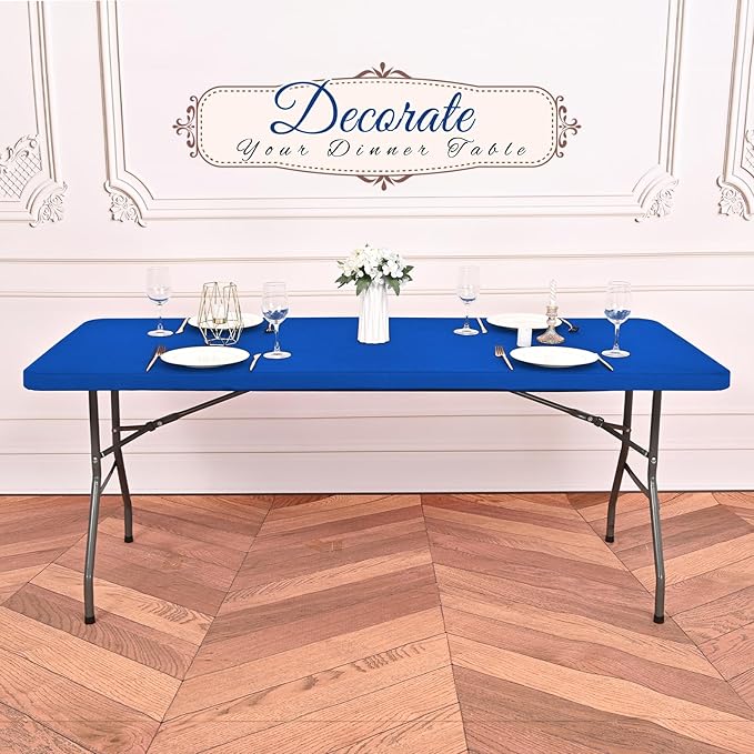 10 Pack Stretch Fabric Table Top Cap Cover, fits 8Ft Tables, Spandex Table Covers Washable Elastic Universal Rectangle Tablecloth Protector for Outdoor Party Picnic Wedding, Royal Blue, 30" W x 96" L