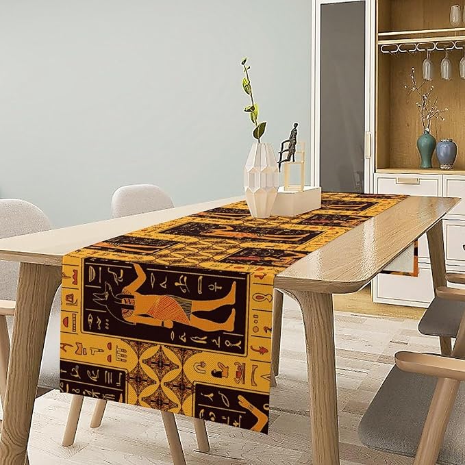 Retro Egypt Table Runner, Vintage Egyptian Gods Ancient Egyptian Hieroglyphs Table Runner for Kitchen Family Dining Holiday Party 13x36in