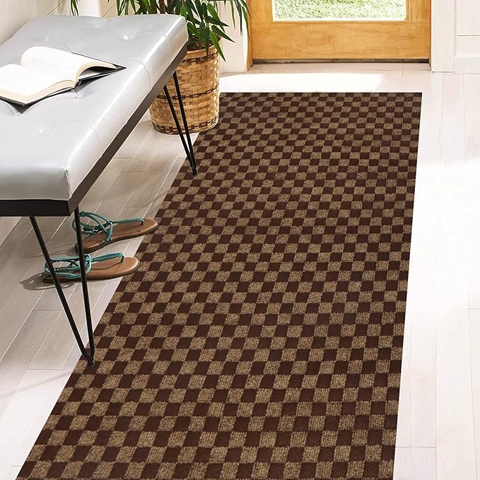 4' x 47' Runner Rugs with Rubber Backing, Indoor Outdoor Utility Carpet Runner Rugs, Checkered Brown, Can Be Used as Aisle for The RV and Boat, Laundry Room and Balcony