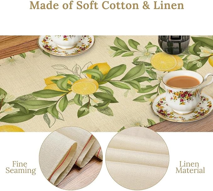 Summer Lemon Table Runner, Spring Blooming Lemon Tree Branches Bouquets Yellow Green Leaves Table Runner for Farmhouse Home Dining Kitchen Table Party Decor, 13x70inch