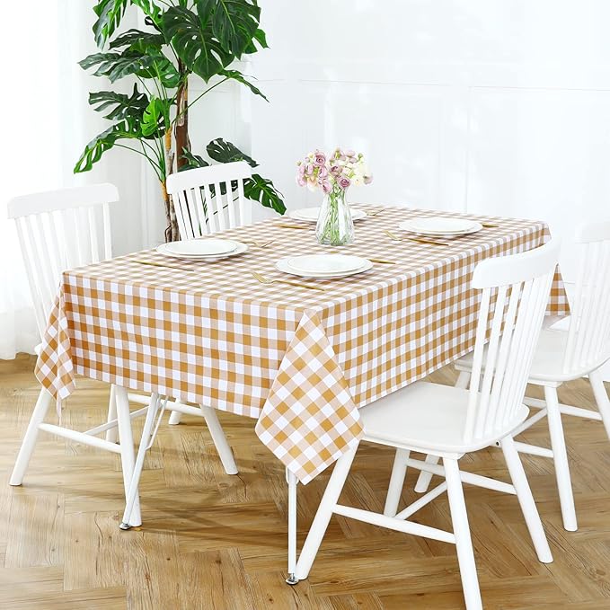 Romanstile Square Vinyl Tablecloth, 100% Waterproof Buffalo Gingham Plastic Table Cloth, Heavy Duty Wipeable Checkered Table Covers for Outdoor, Camping, Picnic, Patio - 60 x 60, Coffee and White