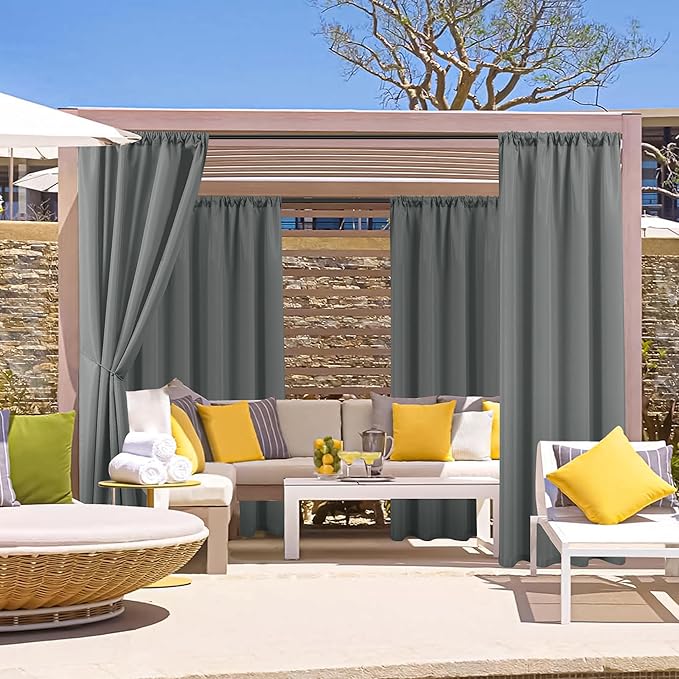 HolidayIdeas Outdoor Patio Curtains Waterproof with Rod Pocket 4 Panels 54x84 Inch- Weatherproof Balcony Outdoor Curtains for Apartments,Porch, Gazebo, Pergola, Sliding Glass Door, Grey