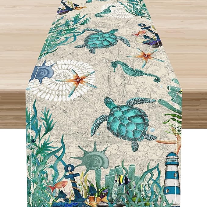Sea Turtle Table Runner, Summer Coastal Starfish Seahorse Seashells Coastal Nautical Tropical Ocean Rustic Farmhouse Table Center Decor for Home Kitchen Dining Patio Indoor Outdoor, 13"x90" Inch