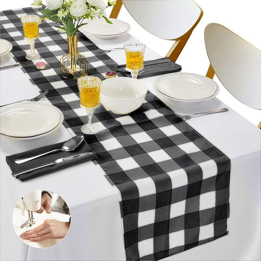 Fabric Checkered Table Runner 6 Pack Waterproof Gingham Table Runner 14W x 108L Buffalo Check Table Runners for Parties Kitchen Dining Wedding Banquet (Black and White)