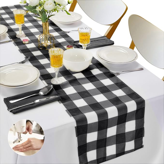 Fabric Checkered Table Runner 1 Pack Waterproof Gingham Table Runner 14W x 108L Buffalo Check Table Runners for Parties Kitchen Dining Wedding Banquet (Black and White)