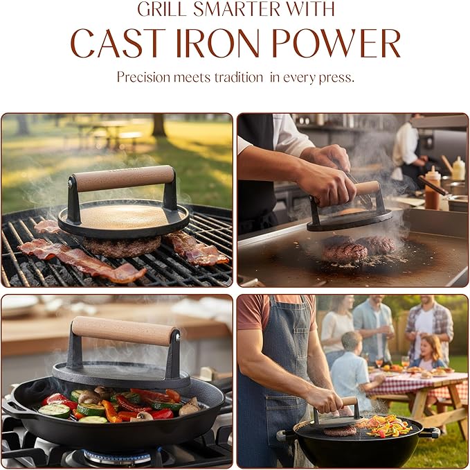 Bellemain Heavy Duty Cast Iron Smash Burger Press 7" Round Grill Press for Cooking Burgers, Bacon, Sandwiches, Steak, BBQ, Ground Beef, Meats, Sausages, and So On