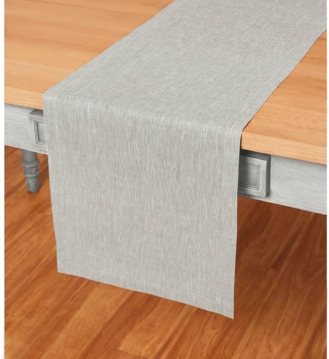 Solino Home Linen Table Runner 60 Inches - 100% Pure Linen Oyster Grey Table Runner 14 x 60 Inch Ideal for Dresser and Coffee Tables, Spring, Easter - Athena