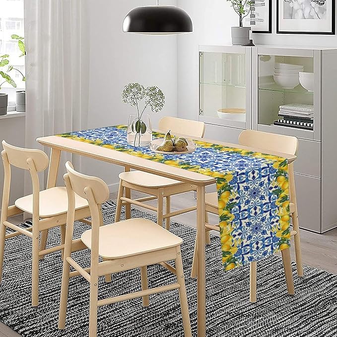 Blue Lemon Table Runner, Italy Tile Yellow Lemon Fruit Table Runners for Farmhouse Coffee Home Kitchen Dining Party Patio Indoor Outdoor 13x36in
