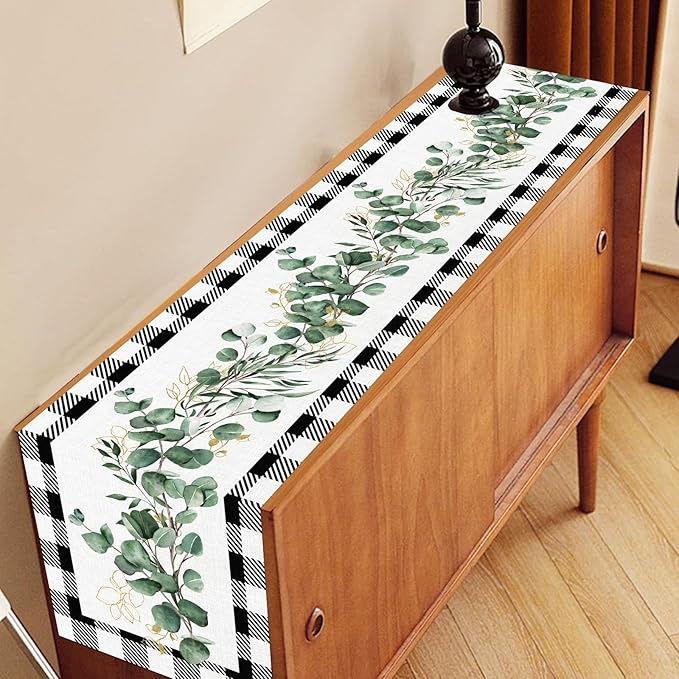 Green Eucalyptus Table Runner, Farmhouse Spring Plants Leaves Checkered Baffalo Plaid Rustic Country Greenery Cafe Coffee Table Center Decor For Home Kitchen Dining Patio Indoor Outdoor, 13"x108" Inch